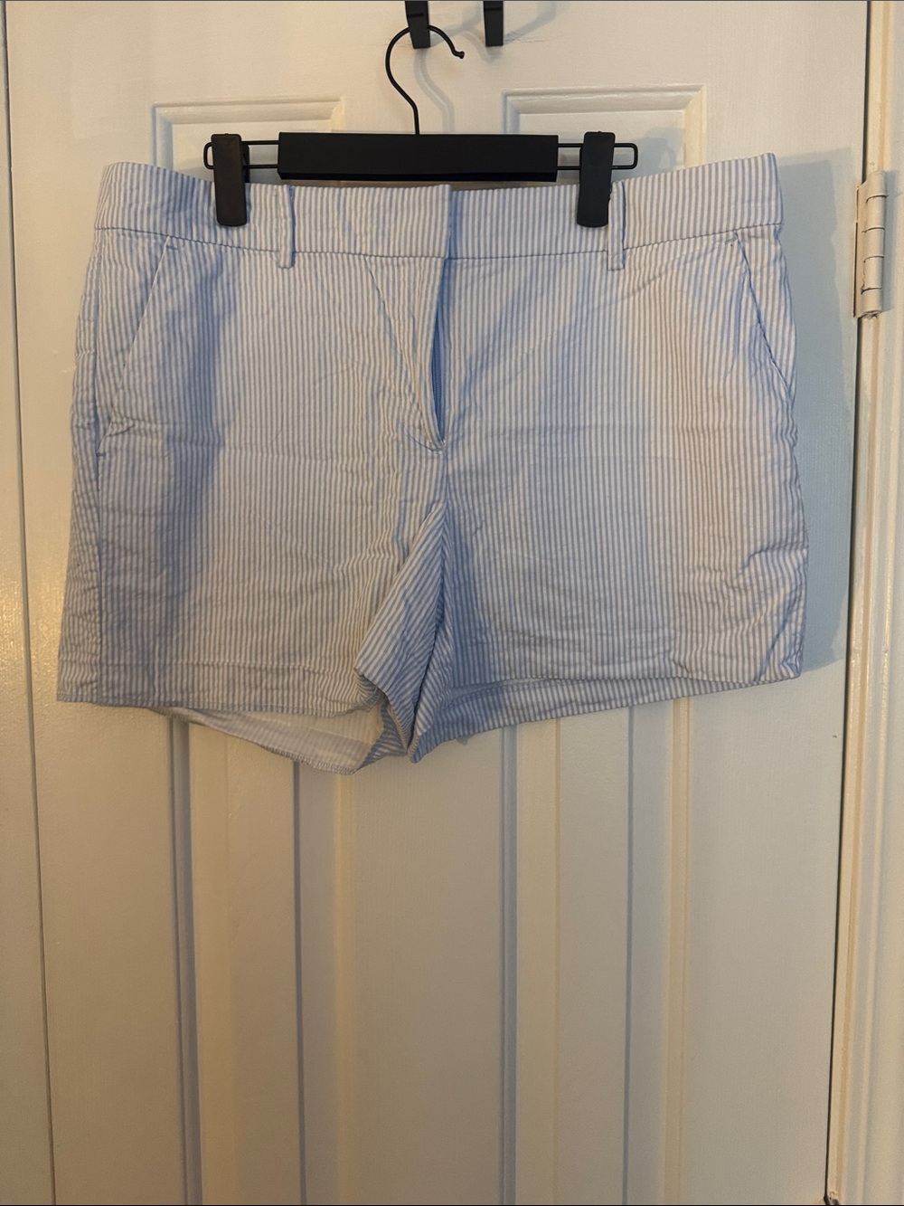 LOFT Light Blue & White Seersucker Stripe Bermuda Shorts